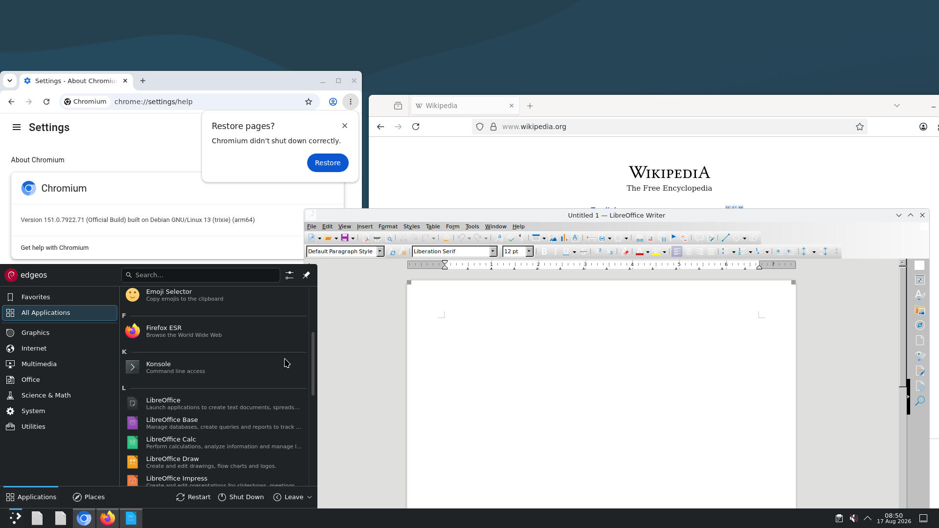 Debian KDE Plasma desktop running Chromium, Firefox and LibreOffice on an EdgeOS AArch64 development virtual machine